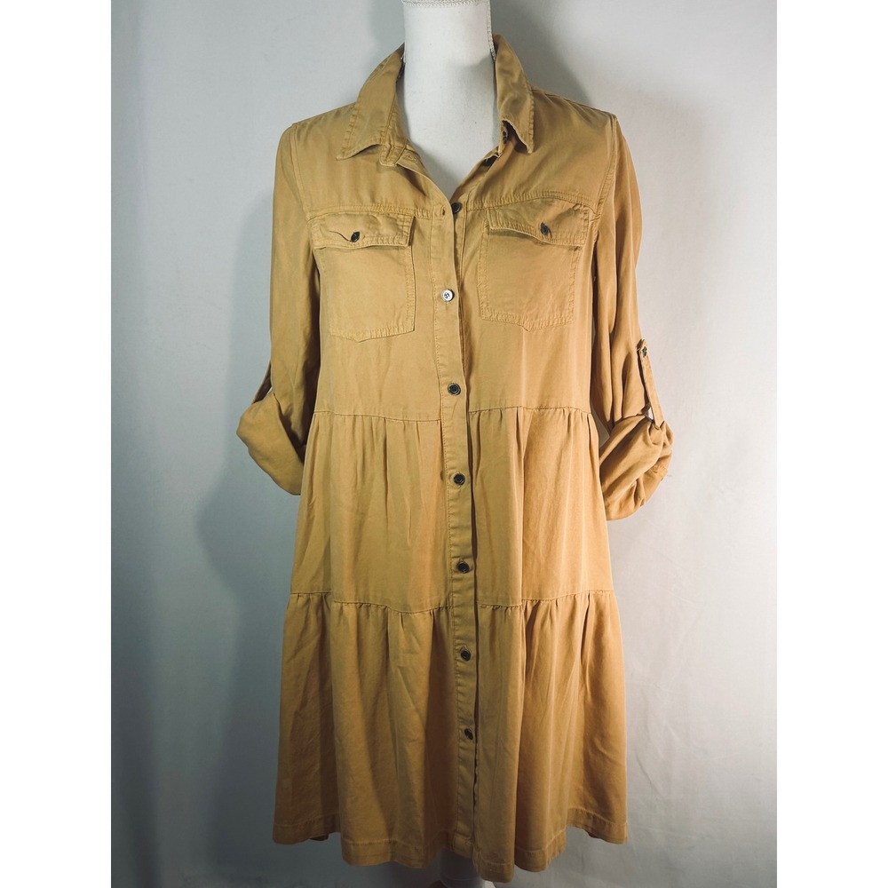 Velvet Heart Mustard Yellow Tiered Shirt Dress Roll Tab Sleeve GWT-50792 XS‎ NEW